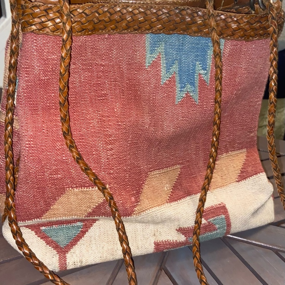 Vintage L.G Simone NY Kilim Leather shoulder bag woven tapestry purse